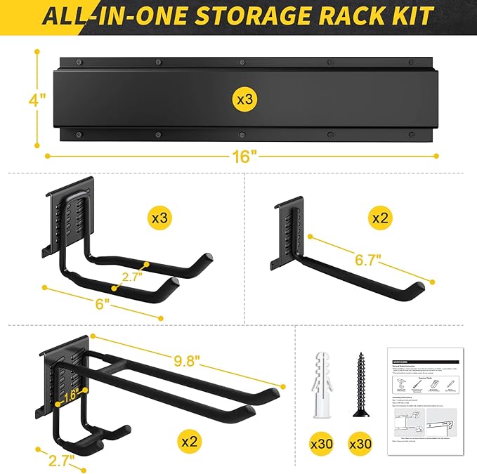 48 Inches Garage Storage, Garage Organization, Wall Mount Garden Tool Organizer, 440lbs Adjustable Heavy Duty Metal Hanging Hooks, Yard Rack Hanger System Shovel Rake Broom Ladder Holder, Men Gift