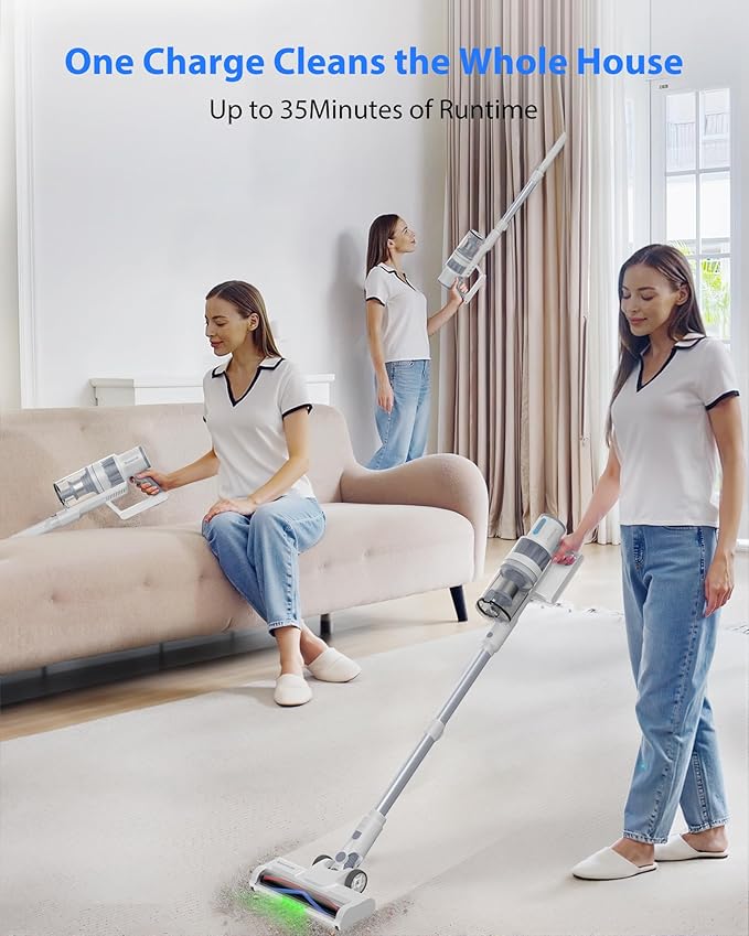 Cordless Vacuum Cleaner, 45KPA Stick Vacuum Cleaners for Home, 6-in-1 Rechargeable Lightweight Vacuum, Up to 35Mins Runtime, with Powerful Suction for Carpets, Pet Hair, Hardwood Floors