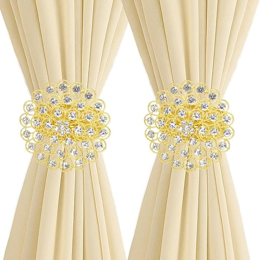 2 Pack Crystal Flower Curtain Tiebacks – Decorative Spring Wire Buckle Clips with Sparkling Rhinestone Flower Design, No Drilling, Easy Fit for Drapes & Sheers