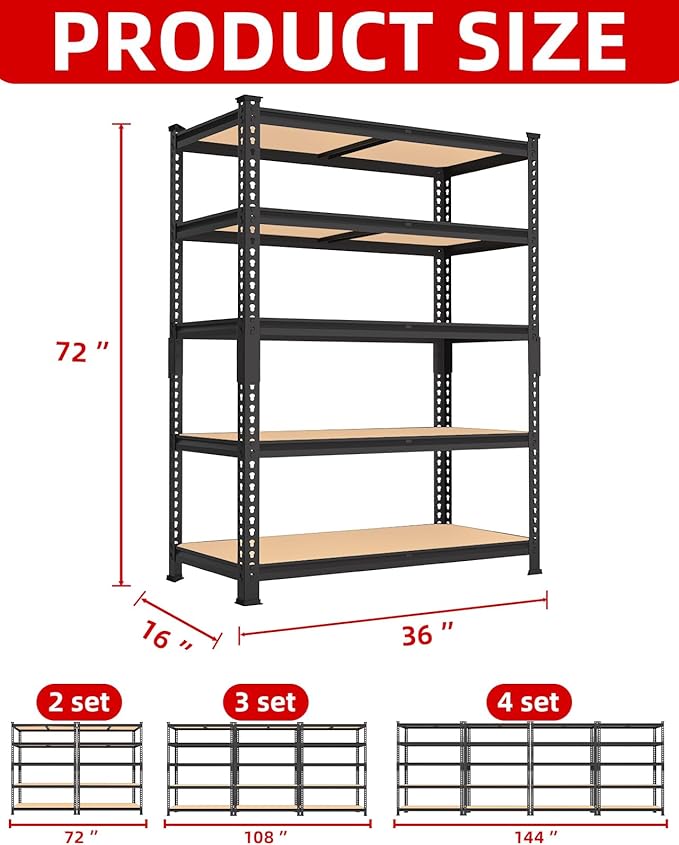 PrimeZone 36" x 16" x 72" Heavy Duty Storage Shelves - 5 Tier Adjustable Garage Storage Shelving, Metal Storage Utility Rack Shelf Unit for Warehouse Pantry Closet Kitchen, Black, 2 Pack