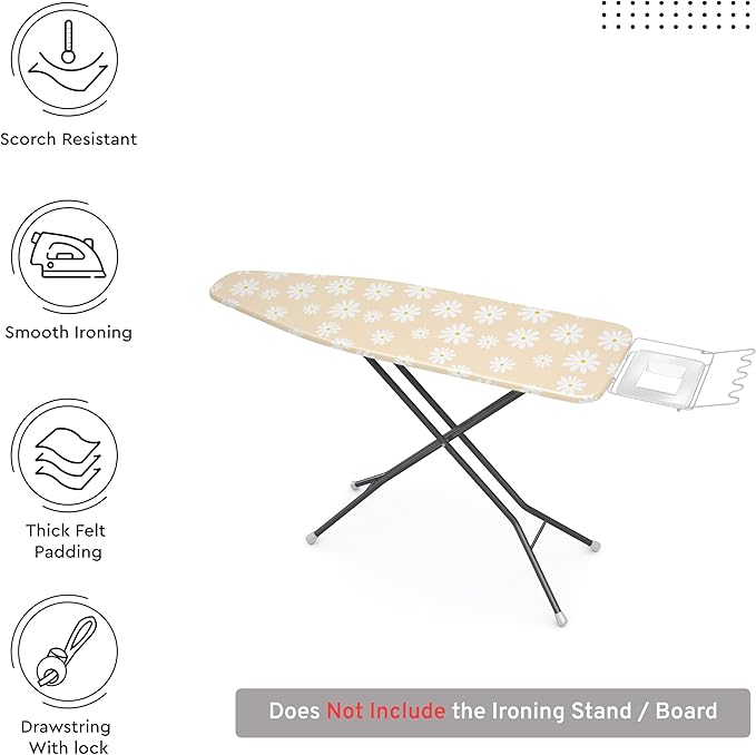Encasa XO Ironing Board Cover and Pad 49"x18" - Thick 3mm Felt Padding, Drawstring Tightening & Lock, Easy Fit, Scorch & Stain Resistant, Fits Wide Ironing Board - Daisy Beige