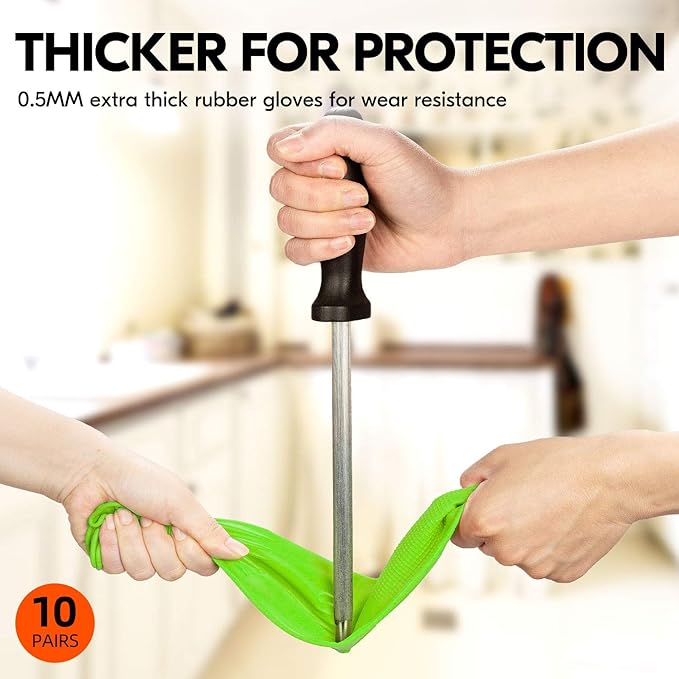 Vgo... 10-Pairs Dishwashing Gloves, Reusable Household Gloves, Kitchen Gloves, Long Sleeve, Thick Latex, Cleaning, Washing, Working, Painting, Gardening, Pet Care (Size M,Green, RB2143)