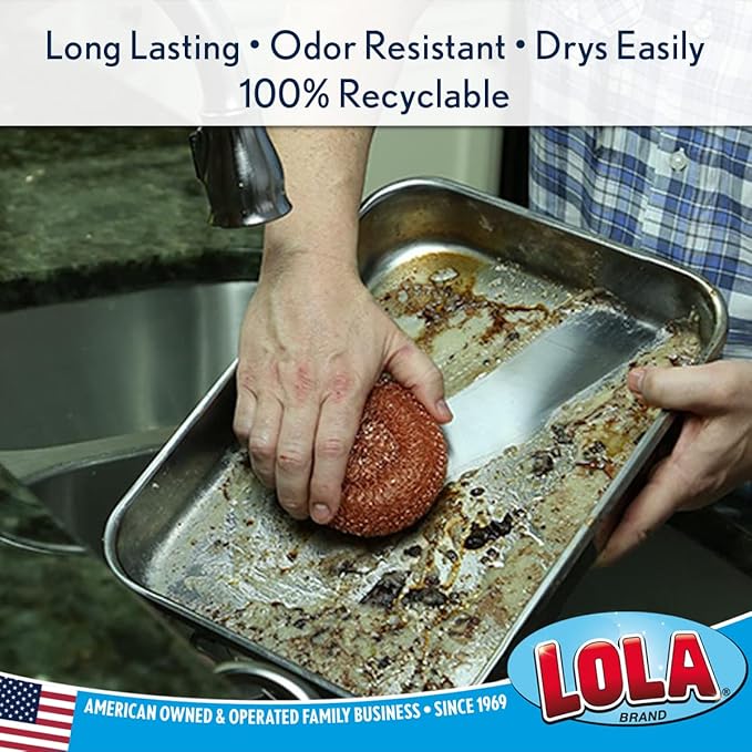 LOLA Copper Mesh Scouring Pad, 18 Grams, 12 Pack, Heavy Duty Cleaning Pads, Copper Coated Knitted Flat Wire Mesh, Recyclable, Cleans Baked On Messes