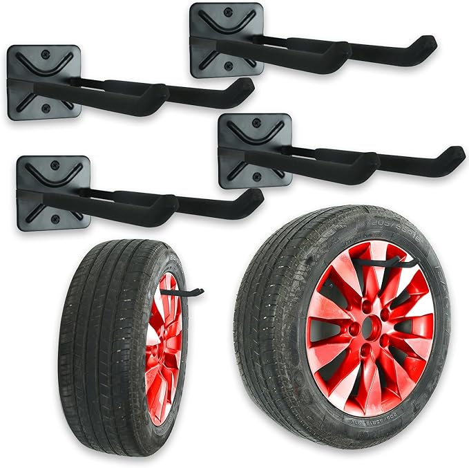 Heavy Duty Garage Tires Hooks Wall Mounted Hanger Tool Organizer Rack Hardware Steel Metal Multi-Tools Storage Utility Hooks with Screws and Anchors(4, Black)