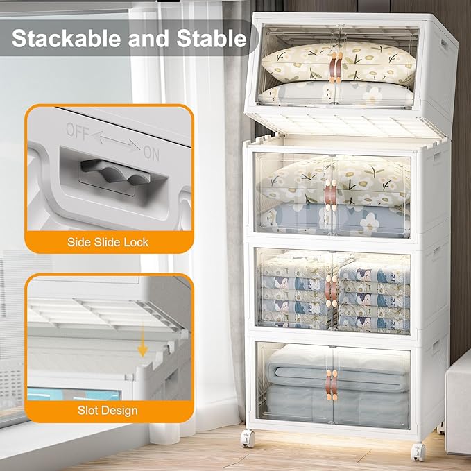 Extra Large Stackable Storage Bins with Lids & Wheels & Door, 640QT-160QT/40GAL*4Pack Foldable Collapsible Closet Organizers, Plastic Containers Drawers for Bedroom Dorm Garage Sturdy MAX