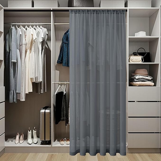 Tollpiz Sheer Door Curtains Closet Linen Textured Curtain Sheers Doorway Light Filtering Voile Patio Glass Door Rod Pocket Curtains French Door, 54 x 80 inches Long, Dark Grey, Set of 1 Panel