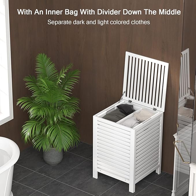 Homykic Bamboo Laundry Hamper with Lid, 120L Large Clothes Laundry Sorter with Removable 2-Section Liner Bag, Raised Laundry Basket Organizer for Clothing, Bathroom, Bedroom, Laundry Room, White