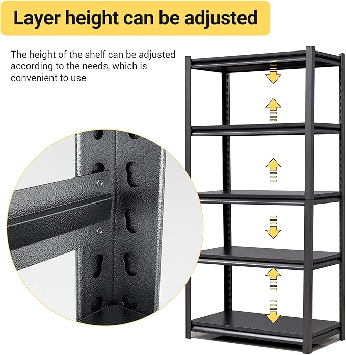 63" H Heavy Duty Garage Shelving, Metal Storage Shelves, Adjustable 5 Tier Metal Shelving Unit, Industrial Utility Rack for Garage, Warehouse, Workshop, 16" D×31.5" W×63" H, Black
