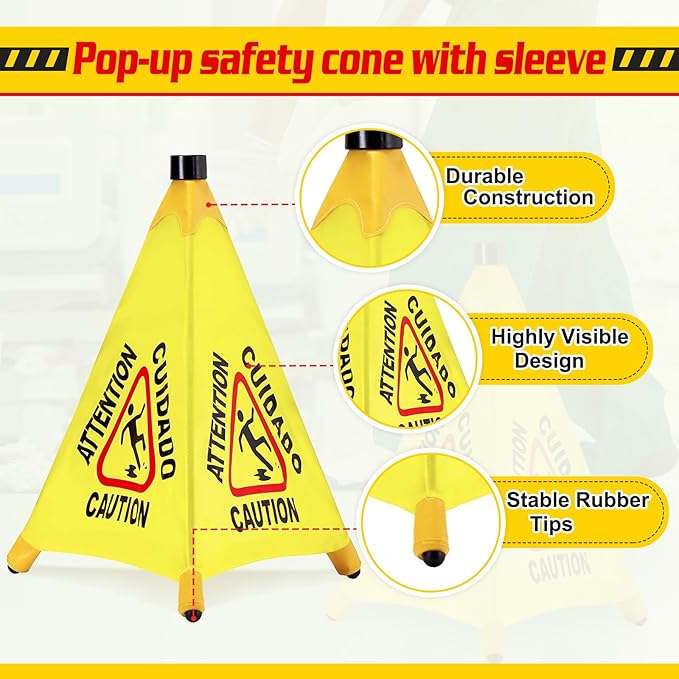 10 Pcs Pop up Wet Floor Sign with Storage Tube 20 Inch Wet Safety Signs Commercial Caution Safety Cone Pop up Caution Sign for Commercial Stores Grocery Restaurant Restroom Office Use
