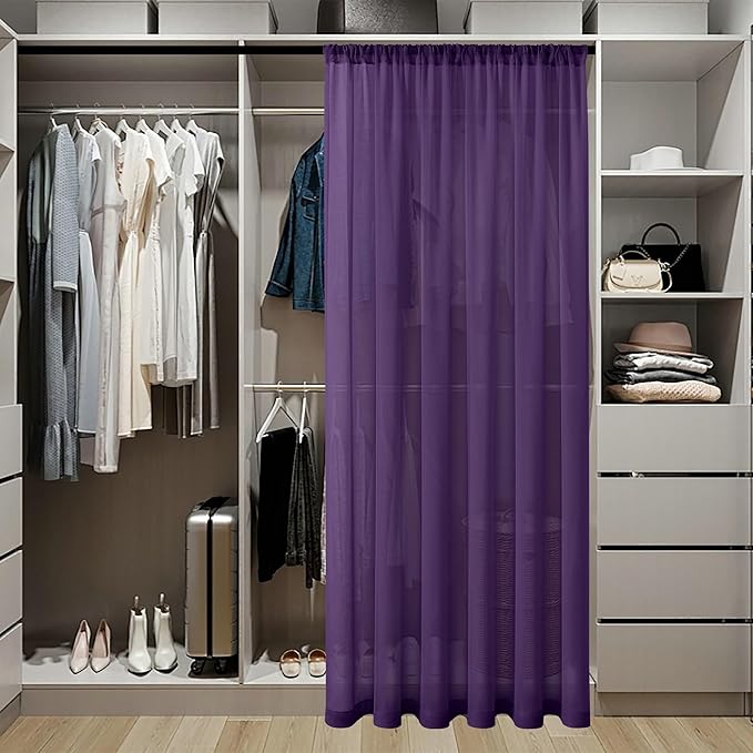 Tollpiz Short Sheer Curtain Linen Textured Curtain Sheers Doorway Light Filtering Voile Patio Glass Door Rod Pocket Curtains French Door, 54 x 54 inches Long, Royal Purple, Set of 1 Panel