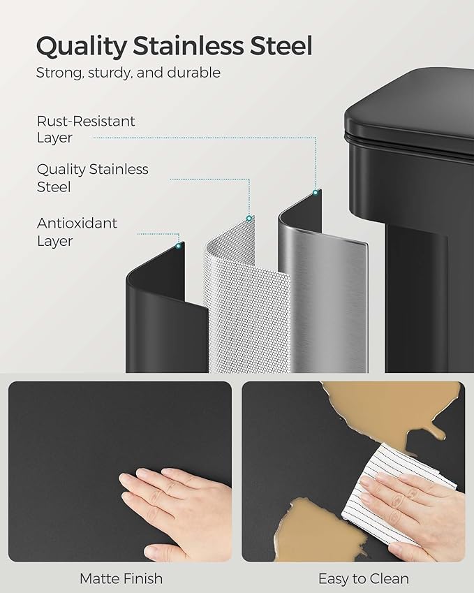 SONGMICS Kitchen Trash Can, 10.5 Gallon (40 L) Garbage Can, Large Step Trash Bin with Lid, Stainless Steel, Soft Close, 15 Trash Bags Included, Black ULTB540B40