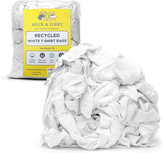 Huck & Terry White T-Shirt Bag of Rags (1 LB Bag), 100% Recycled Material, Cotton Blend Bar Mop, Reclaimed, Eco-Friendly Cloth, Cleaning & Painting Rags, Lint Free, Highly Absorbent