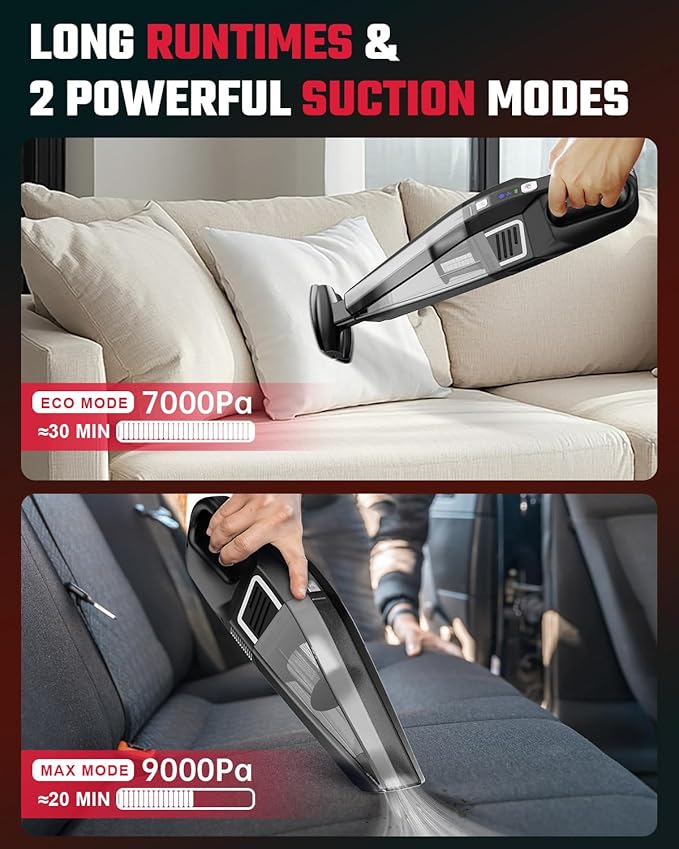 Handheld Vacuum Cordless, 9000PA Strong Suction, 2 Suction Modes, Fast Type-C Charging, Lightweight, Portable Car Vacuum Cleaner with for Home Pet Office