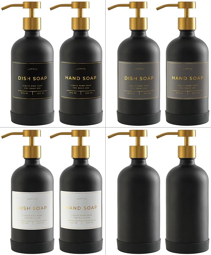 16oz Glass Soap Dispenser with Stainless Steel Pump, 21 Waterproof Labels, Non-Slip Protective Silicone Pad, Set of 2 for Bathroom & Kitchen (Matte Black Bottle/Brushed Gold Pump)