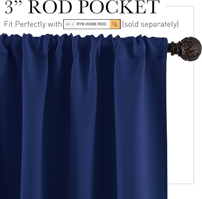 RYB HOME Bathroom Window Curtains - Super Soft Blackout Privacy Curtains for Baby Nursery Bedroom Basement Garege Workshop Kitchen Dining Living Room, W 29 x L 30, Marine Blue, 2 Pcs