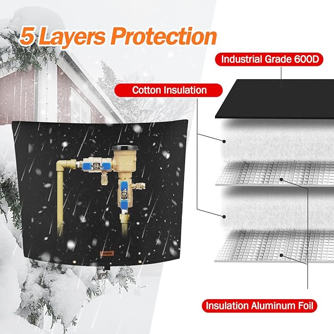 TOHONFOO Backflow Preventer Pipe Insulation Cover (5°F) - Irrigation Sprinkler Valve Insulated Pouch - Water Well Pump Cover - Sturdy 5 Layers for Winter Freeze Protection, 34" W x 24" H, Black