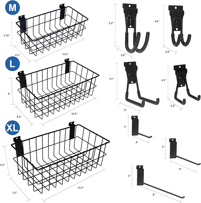NeatiEase 29 PCS Slatwall Accessories Kit for Garage Rooms Shops Storage, Slat Wall Accessory Includes 3 Pack Slatwall Baskets Set and 26 PCS Multisized Heavy Duty Slatwall Hooks