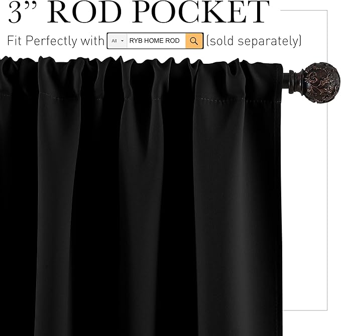 RYB HOME RV Camper Door Window Curtains -Blackout Privacy Curtains & Drapes for Bathroom Bedroom Kitchen Portable Travel Trailer Small Window Decor, W 34 x L 24, Black, 2 Panels