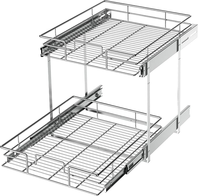 LOVMOR 2 Tier Individual Pull Out Cabinet Organizer 17" W x 21" D, Slide Out Kitchen Cabinet Storage Sliding Shelves
