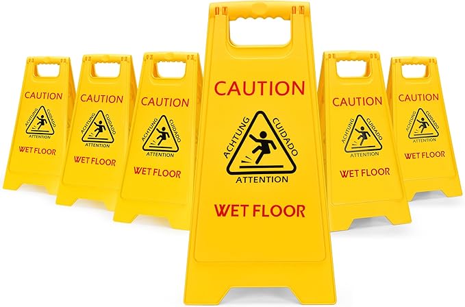 MATTHEW CLEANING 25'' Industrial Wet Floor Sign 6 Pack 2-Sided Safety A-Frame Birght Yellow Multilingual Warning Signs Commercial Caution Wet Fold-out Floor Signs For Indoors and Outdoors