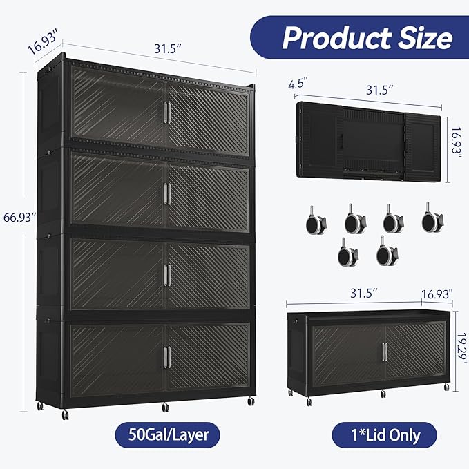 200GAL Extra Large Storage Bins with Lid, 800QT Collapsible Organizer with Wheels, Stackable Closet Cabinet with Doors, Folding Storage Containers for Home, Office, Dorm, 4Pack Black