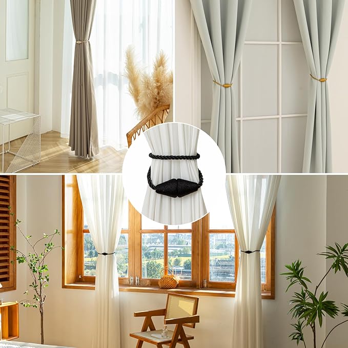 Magnetic Curtain Tiebacks 2 Pack Outdoor Rope Curtain Tie Backs Decorative Window Treatment Holdbacks for Home Decorative Curtain, Black