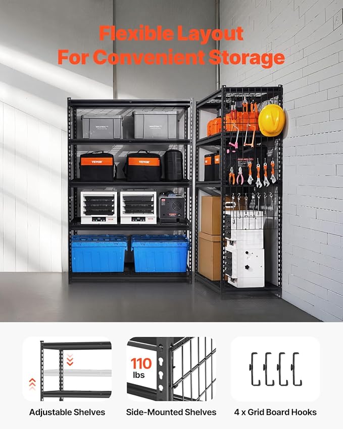 VEVOR Storage Shelves, 3000 lbs, 5 Tier Heavy Duty Garage Shelving, 20" D x 48" W x 72" H Adjustable Metal Shelves for Industrial Shelving Unit Utility Shelf, for Kitchen, Warehouse, Basement, Black