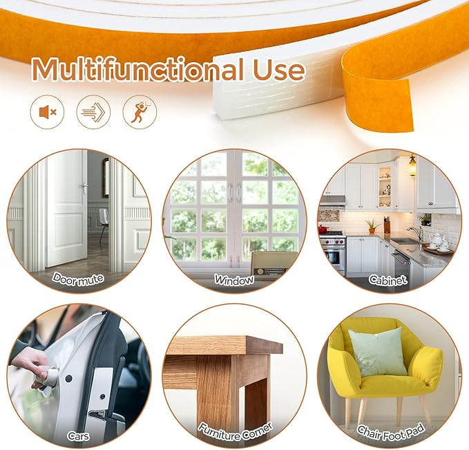 13 Feet Weather Stripping Door Seal, 1/2" Wide X 3/8" Thick Door Seal Strip High Density Foam Tape Adhesive Strip for Door Soundproofing,Window Insulation (1/2" x 3/8" x 13FT,White)