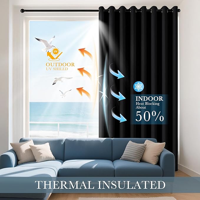 PONY DANCE Blackout Curtains for Bedroom - Noise Reductiong Window Drapes Room Darkening Thermal Insulated Curtains for Living Room/Dorways, 2 Panels, 55 x 94 inch, Black