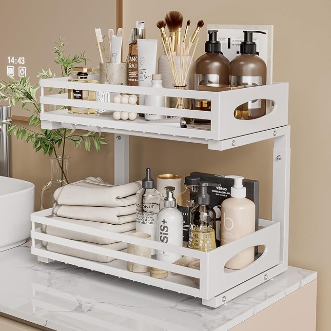Under Sink Organizer, 2 Tier Under Sink Organizers and Storage, Adjustable Height, Slide out Metal Cabinet Organizers, Pull out Cabinet Storage Drawer Shelf for Kitchen Bathroom White, 2 Pack