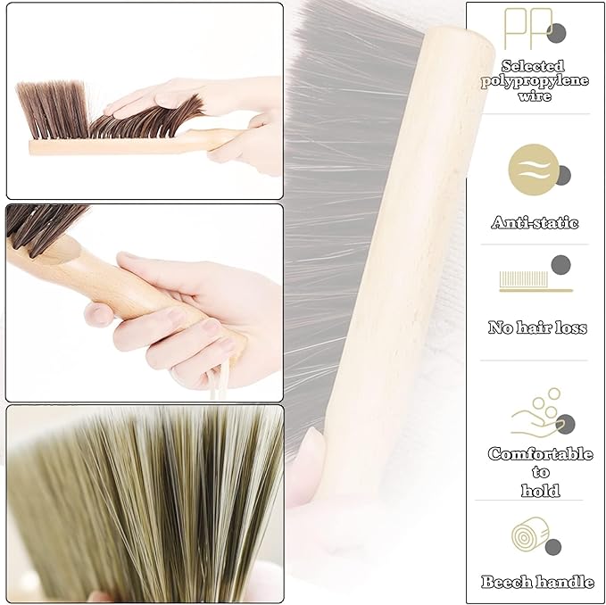 2Pcs Hand Broom Brush Beech Wood,Dust Brush,Duster for Counter,12inch Foxtail Bench Brush, Round Handle Handheld Brushes,5 Rows Soft Bristles for Bed,Shop Table,Woodworking Cleaning,Car,Sofa