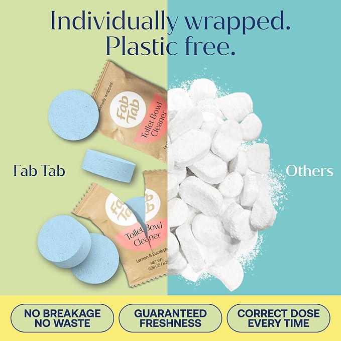 Fab Tab Toilet Bowl Cleaner Tablets, Powerful Stain Removal, No Harsh Chemicals, Plastic-Free, Removes Rust & Stains, Safe for Regular and Septic Tank Toilets, Lemon & Eucalyptus Scent