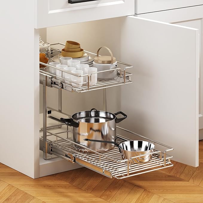2 Tier Individual Pull Out Cabinet Organizer 13½" W x 21½" D, Heavy Duty Cabinet Pull Out Shelves, Slide Out Drawers Organization for Kitchen Cabinets Bathroom