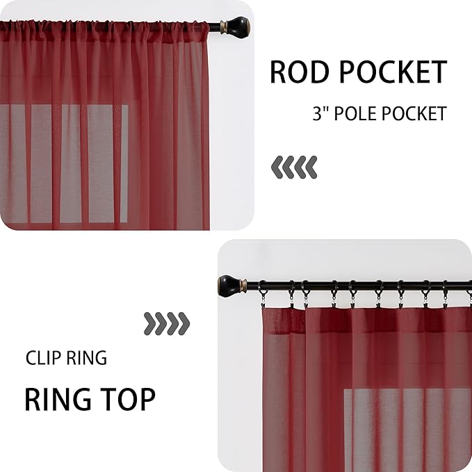 Tollpiz Sheer Door Curtain Closet Linen Textured Curtain Sheers Doorway Light Filtering Voile French Doors Rod Pocket Curtains Patio Glass Door, 25 x 80 inches Long, Burgundy Red, Set of 1 Panel