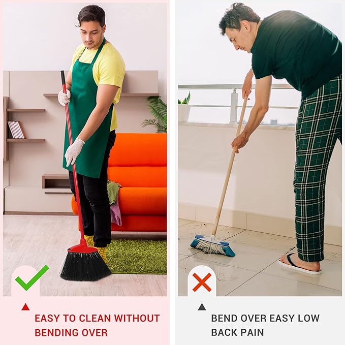 12 Pcs Heavy Duty Commercial Angle Broom 53 Inch Long Handle for Sweeping Indoor Outdoor - Garage, Courtyard, Patio, Lobby, Mall, Market, Shop, Sidewalk Floor (Red)
