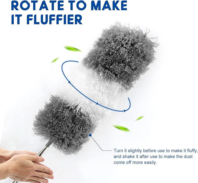 Microfiber Feather Dusters for Cleaning, Extendable Duster with 110" Extension Pole & 2pcs Replaceable Bendable Head, Cleaner Supplies Duster Tool for Ceiling Fan Furniture Cars Home Kitchen Gadgets