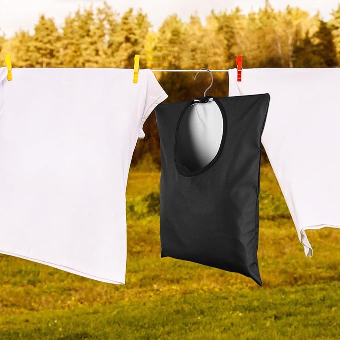 2 Pcs Clothes Pin Hanging Bag With Hook - 15 x 11 Inch Black Laundry Canvas Holder - Waterproof Storage Organizer for Clothespins