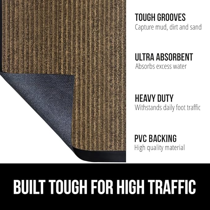 GORILLA GRIP Traffic Guard Door Mat, 72x48, Heavy Duty Welcome Mats, Commercial Office Space Doormat, Waterproof, Fade Resistant, Strong Rubber Backing, Low Profile, Shoe and Boot Scraper, Brown
