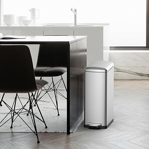 30 L Kitchen Step Trash Can, 8 Gallon Narrow Stainless Steel Waste Bin with Soft-Close Lid, Rectangle Rubbish Bin with Removable Inner Bucket for Bathroom, Dining Room, Living Room