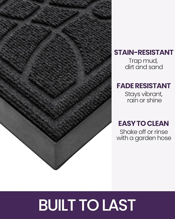 DEXI Front Door Mat Outside Entrance, Heavy Duty Non Slip Low Profile Doormat for Entryway, Trap Dirt and Moisture Welcome Mats, Easy Clean, Patio, Garage, 3x2, Black