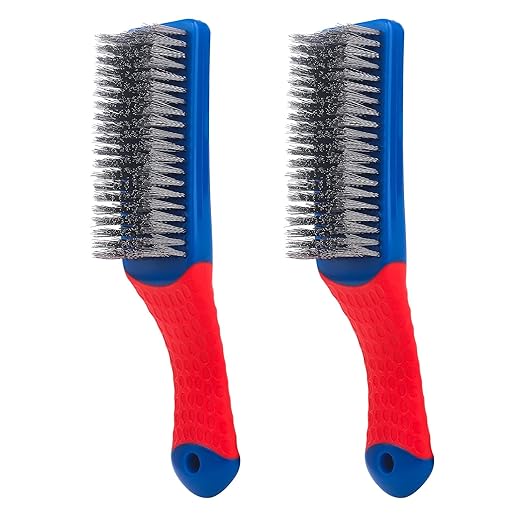 Wire Brushes 2 Pcs Steel Brushes Heavy Duty Carbon Steel and Stainless Steel Wire Scratch Brush with Rubber Ergonomic Handle (16x3.5cm)