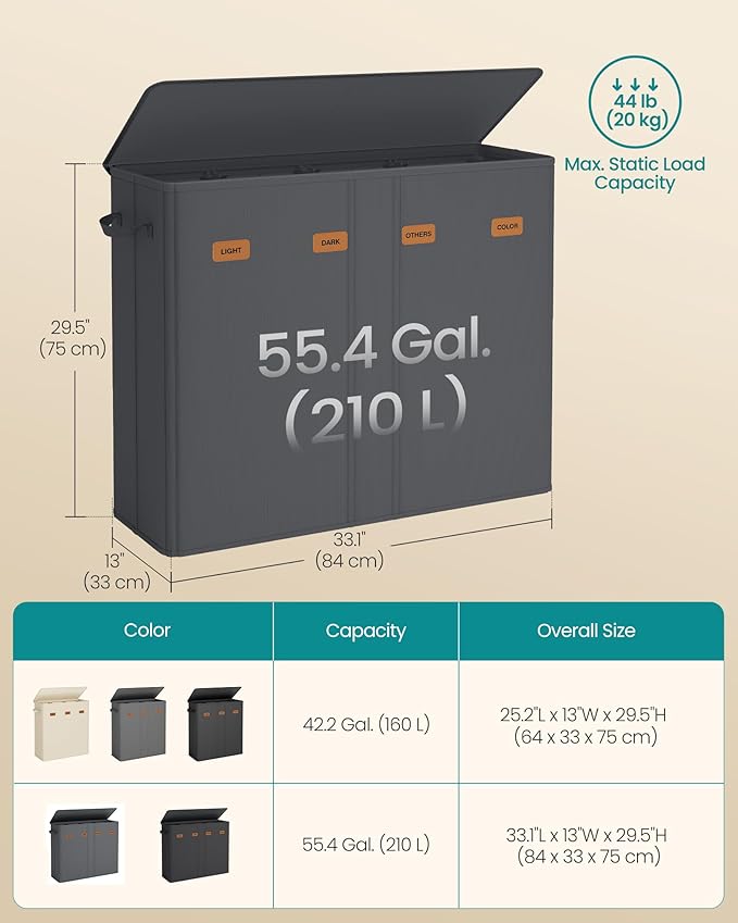SONGMICS 55.4 Gallon (210 L) Laundry Hamper, 4-Compartment Laundry Basket Sorter with Lid, Labels, Removable Liner Bags, for Bedroom, Dark Gray URLH014G01
