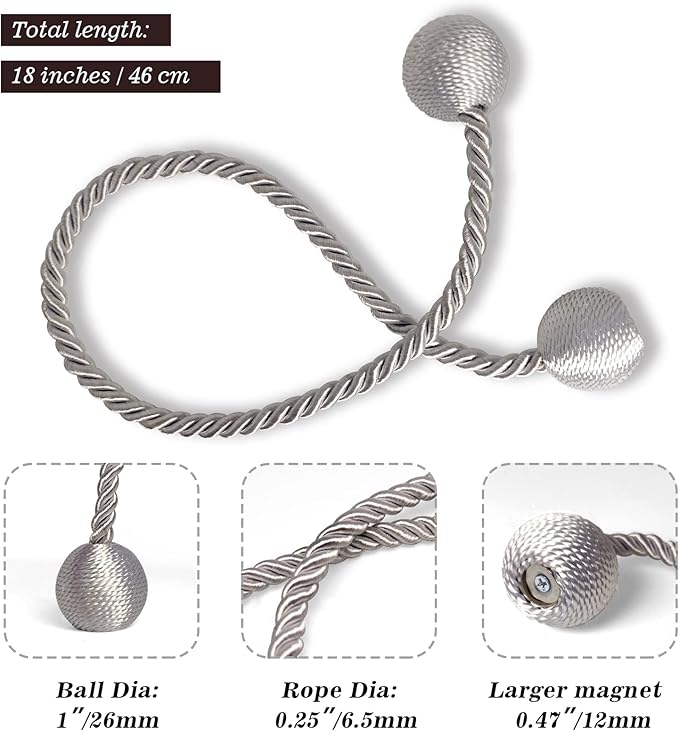 Hion Magnetic Curtain Tiebacks Grey 6 Pack, Curtain Tiebacks Buckles Holdbacks Holders Hooks Clip for Home Bedroom Office Decorative Thick or Thin Curtain