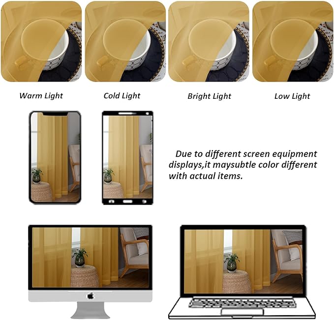Chyhomenyc Sheer Gold Kitchen Tier Curtains 24 Inch Length Set, Small Window Curtains Treatment for Bathroom/Living Room/Cafe/Basement, Short Voile Curtain Tiers 42in x 24in, Rod Pocket, 2 PCS