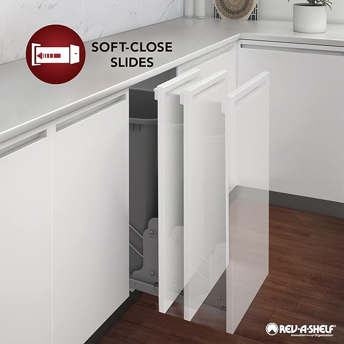 Rev-A-Shelf Double Pullout Trash Cans for Under Kitchen Cabinets 35 Quart 8.75 Gallon with Soft-Close Slides, Metallic Silver, 53WC-1835SCDM-217
