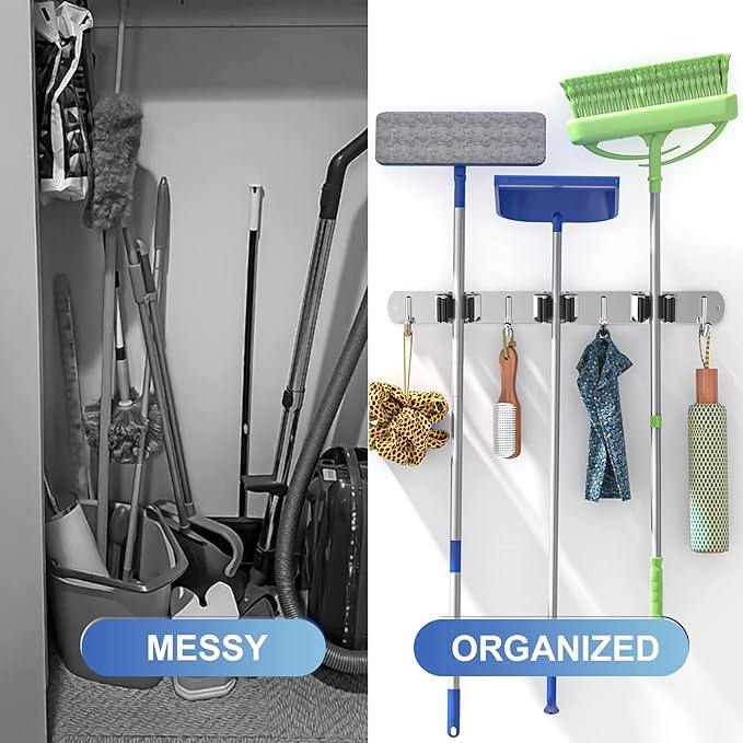 ZONGOOL Mop Broom Holder Wall Mount, Broom Organizer Mop and Broom Storage Tool Racks Stainless Steel Wall Hanger for Home Kitchen Garden Laundry Garage (3 Racks with 4 Hooks, Silver)