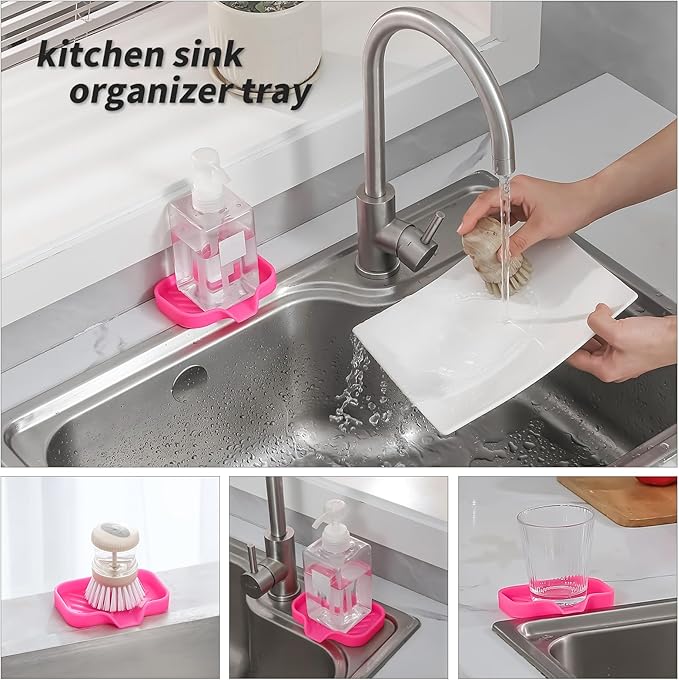 Silicone Bathroom Soap Dishes with Drain Spout-Bathroom and Kitchen Sink Organizer,Sponge Holder,Dish Soap Tray,Perfect for Dispenser,Scrubber,Bottle,Cup on Sink or Counter-Rose 4.9"×3.2"