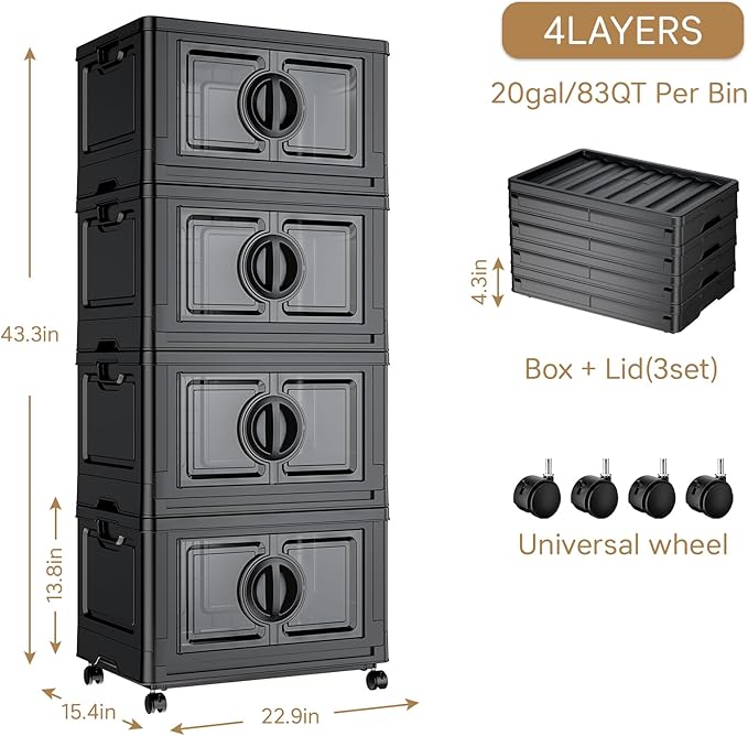 JEKO&JEKO 332Qt Lockable Stackable Storage Bins with Lids, Collapsible Closet Organizer with Wheels, Plastic Cabinet Drawer for Clothes, Dorm Room 4 Pack (Black)