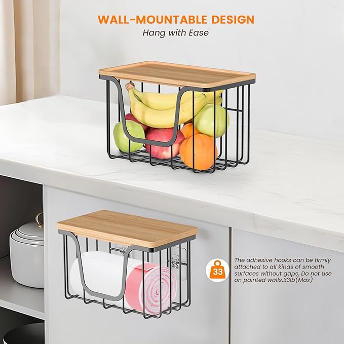 KONE Trash Bag Holder, 2 Pack Garbage Bag Dispenser, Storage Stackable Kitchen Organizer with Bamboo Top, Wall Mount Laundry Pantry Organization Black