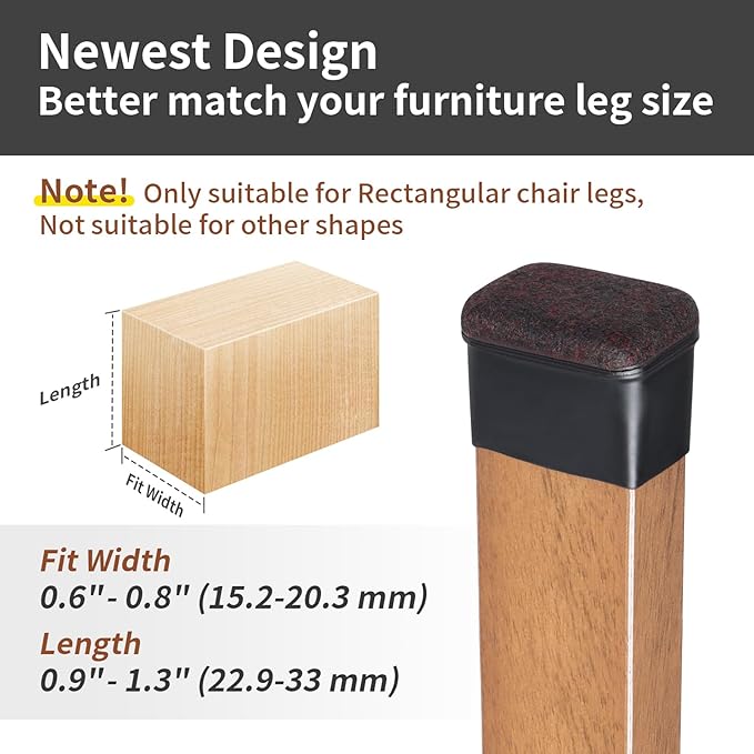 Ezprotekt 8 Pcs Rectangle Black Felt Chair Leg Floor Protectors for Hardwood Floors, Rectangle Silicone Chair Leg Caps, Furniture Leg Covers Cups for Chair Table (Fit W :0.6-0.8", L: 0.9-1.3")
